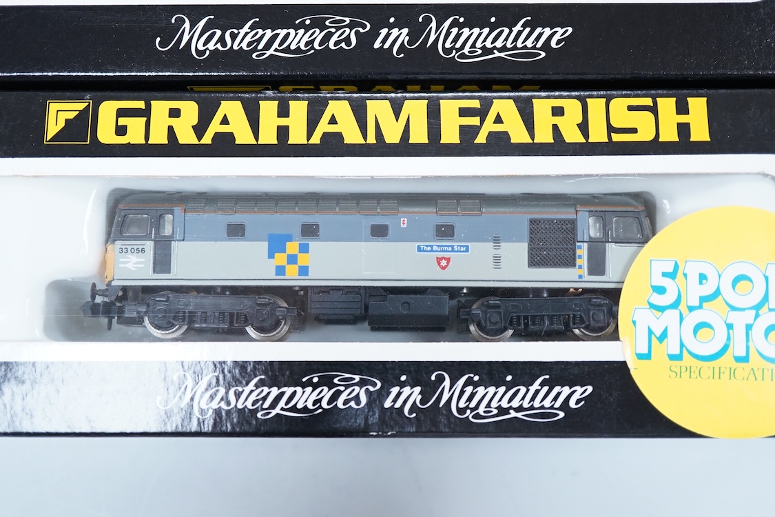 Four boxed Graham Farish N gauge railway Class 33 Bo-Bo diesel-electric locomotives; a BR, 33 205 (8317), a BR, 33 056 (8316), a BR, Sultan 33 025 (8312) and an EWS, 33030 (831A).